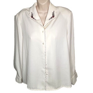 Vintage KORET Ivory Embroidered Floral Collar Button-Up Long Sleeve Blouse Sz 8